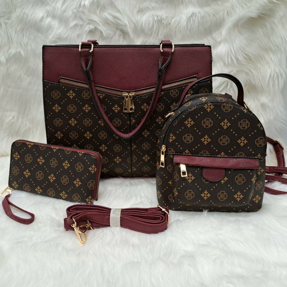 Handbag Women Set 3 pcs Monogram Satchel Backpack Wallet Brown Burgundy